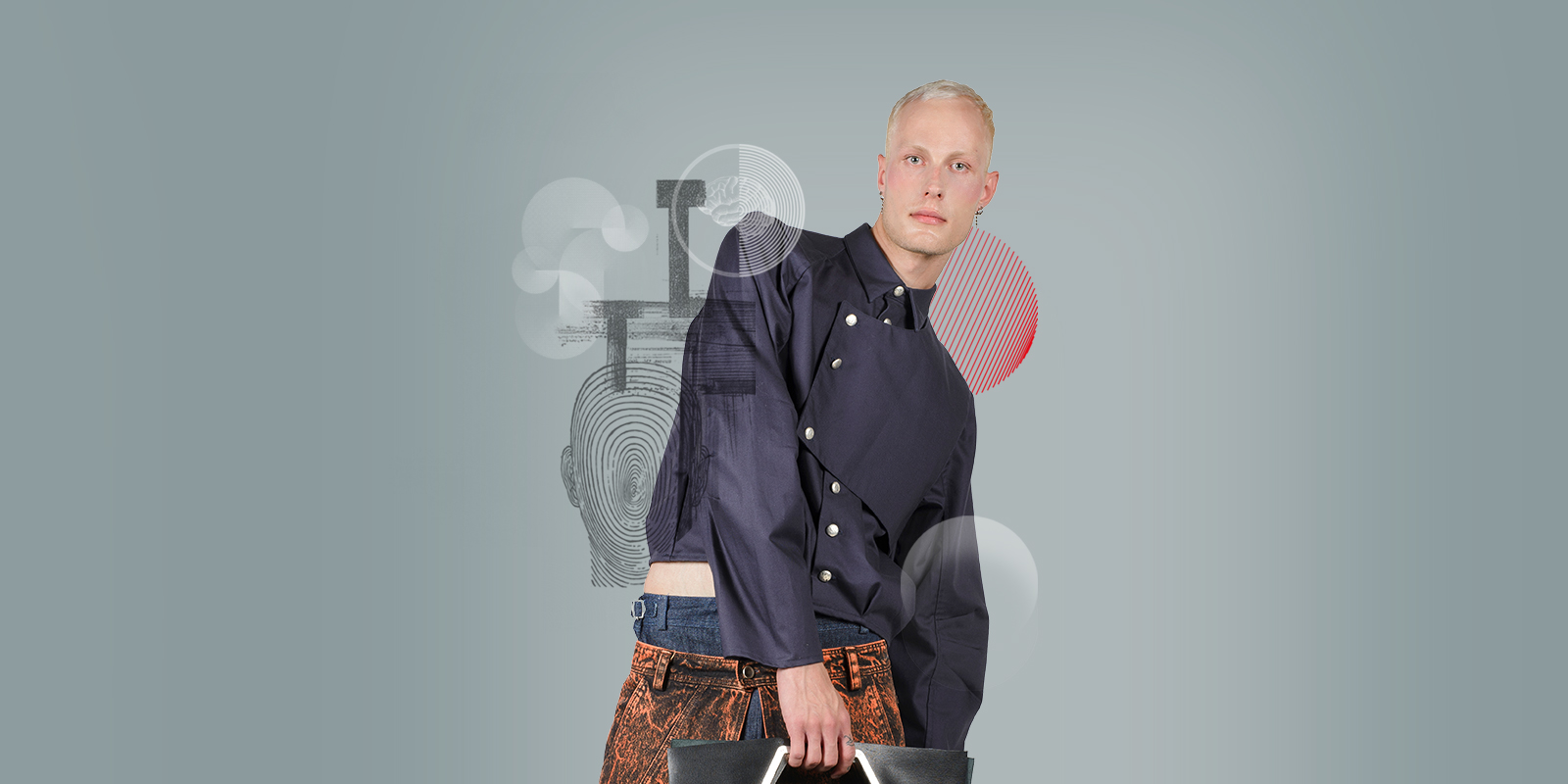 Collage editoriale di moda: modello con look futuristico e composizione grafica astratta su sfondo chiaro.