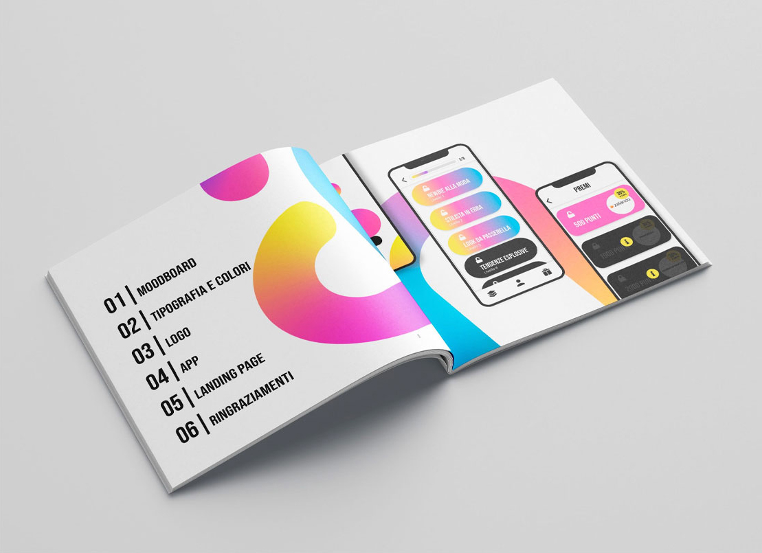 Dettaglio di un portfolio cartaceo con esempi di design editoriale e branding.