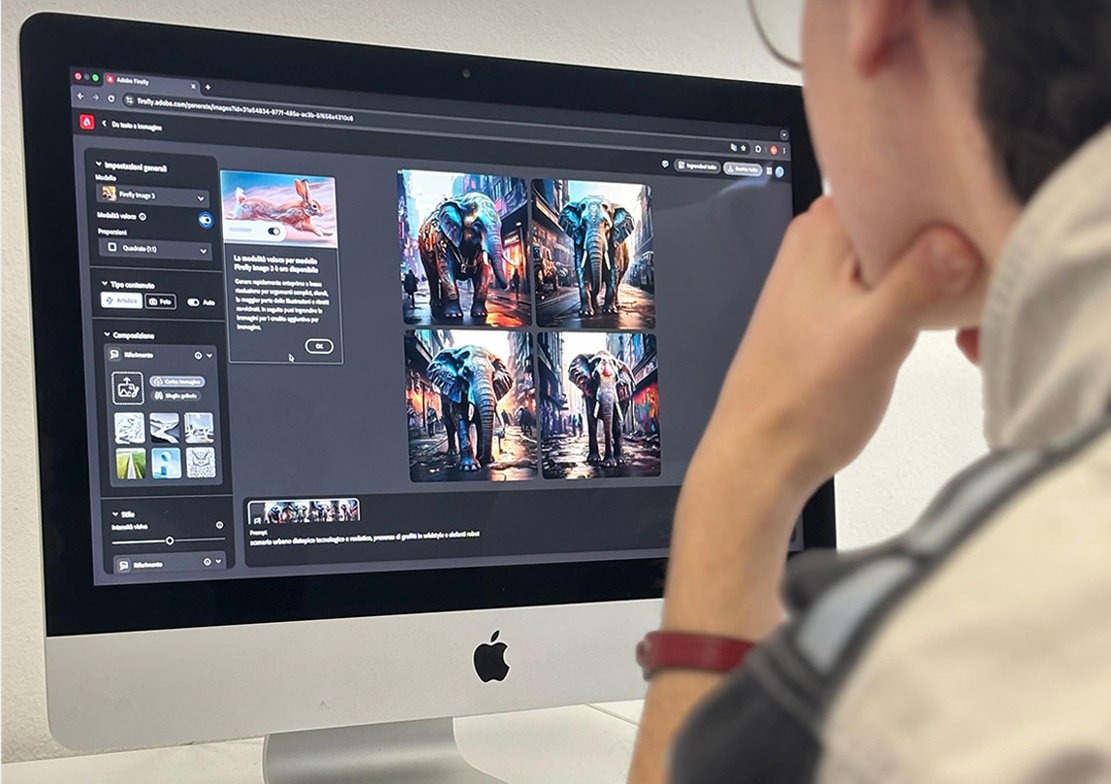 Dettaglio di un designer che lavora alla post-produzione digitale su un monitor professionale.