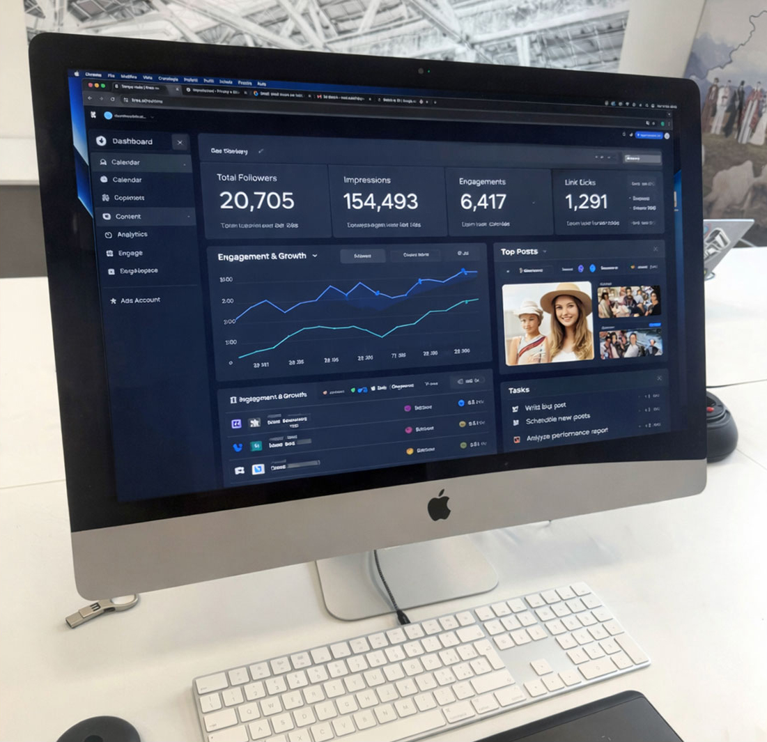 Schermo PC con dashboard di analytics e performance digitali, utilizzata per monitorare dati di traffico, engagement e KPI.