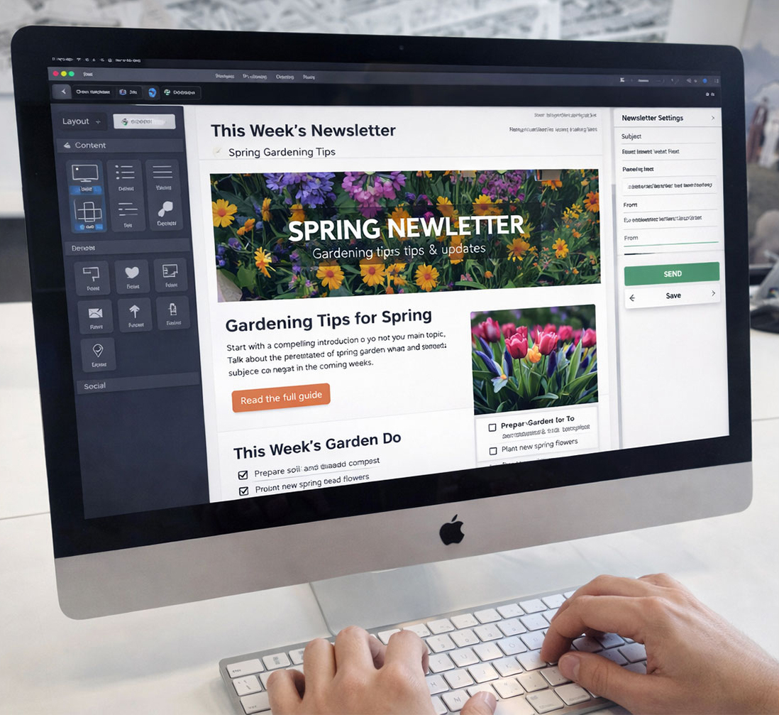 Studente che progetta una newsletter digitale tramite software di email marketing su schermo desktop.