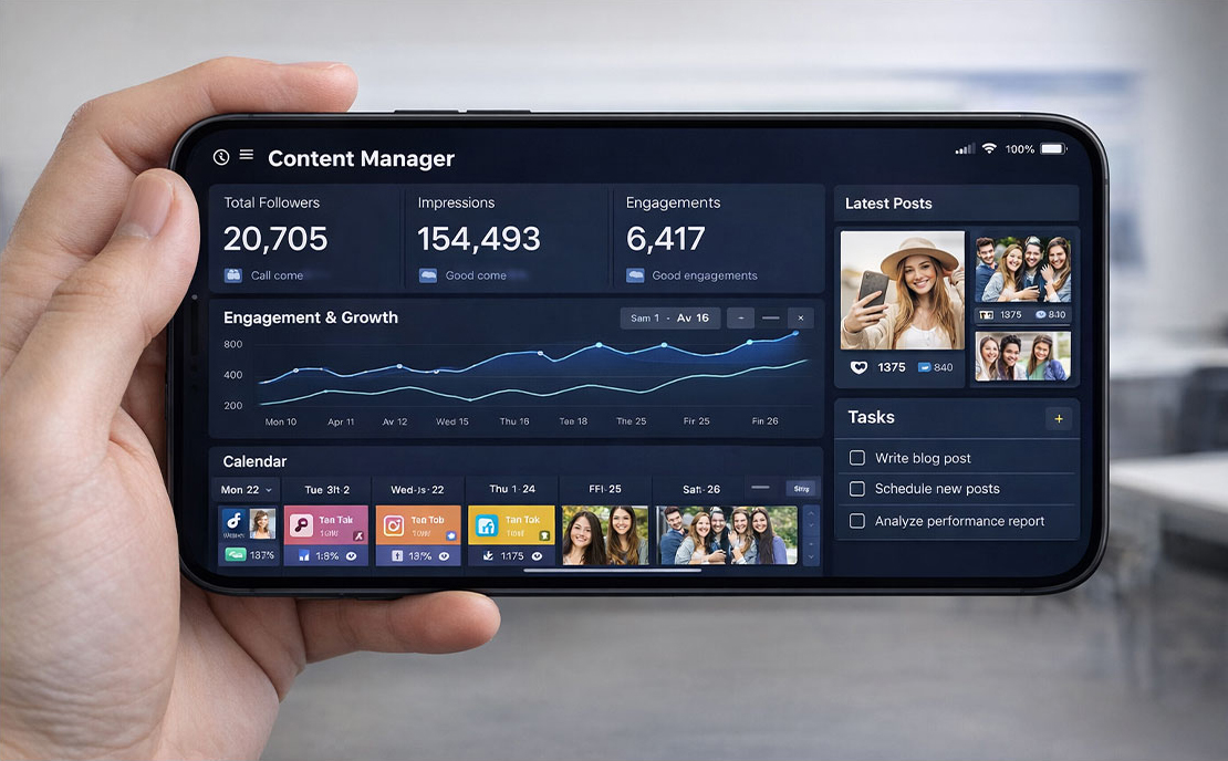 Tablet utilizzato per visualizzare dashboard di content management e dati statistici relativi a campagne digitali e social media.