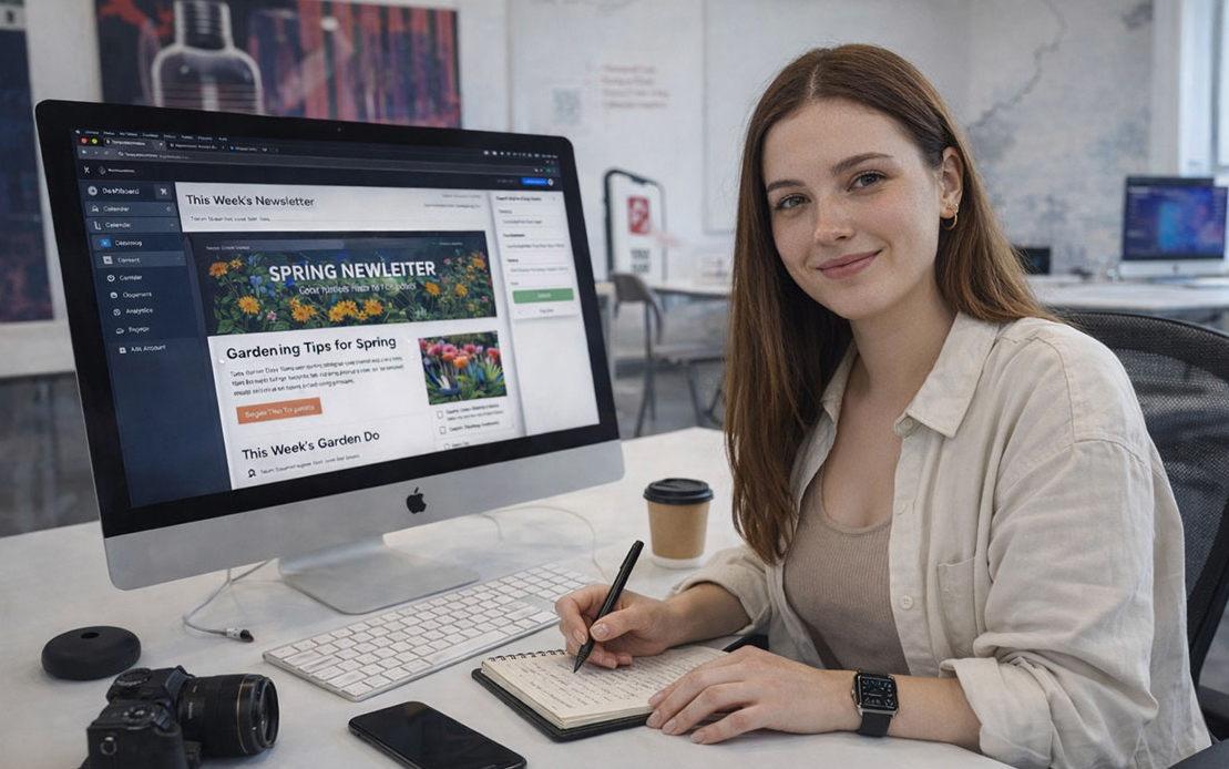 Studentessa che lavora su strategia editoriale e contenuti digitali, in ambiente di studio professionale.