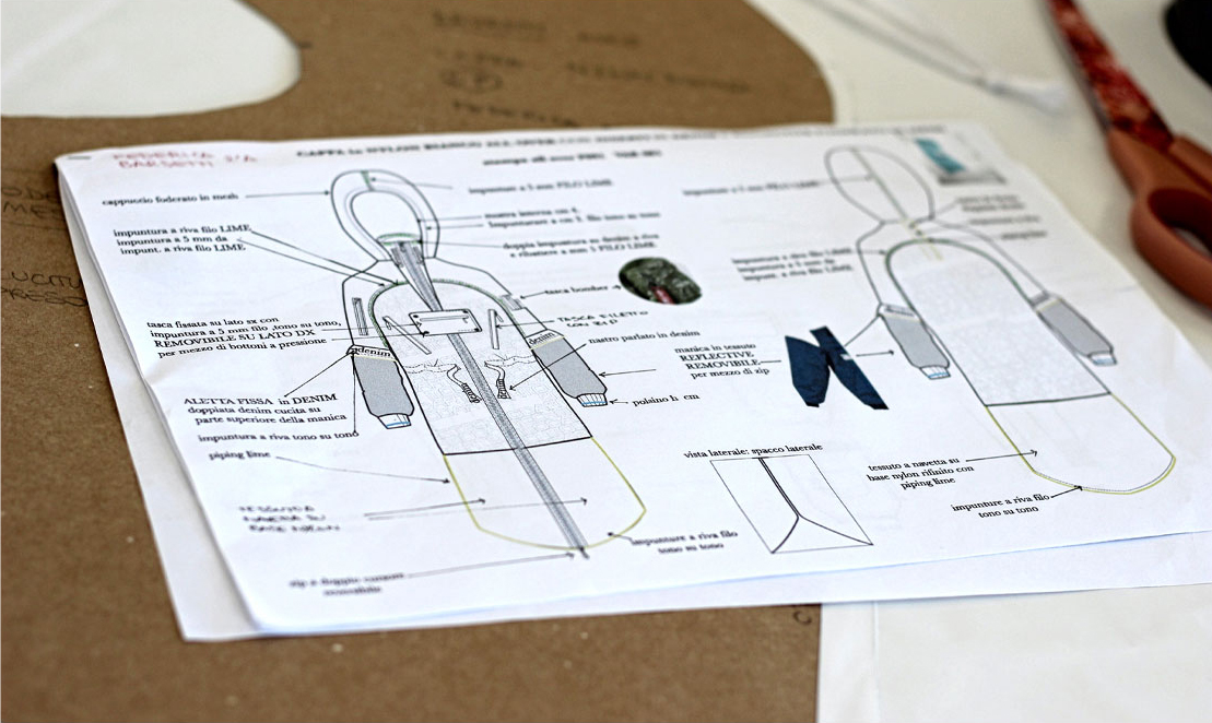 Scheda tecnica di progettazione moda con figurini tecnici, campioni di tessuto e dettagli costruttivi di un capo d'abbigliamento.