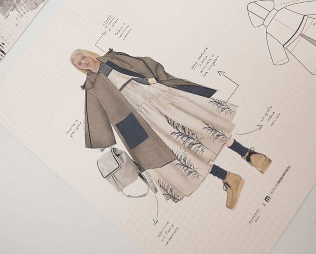 Moodboard di fashion styling con ispirazioni, tessuti e palette di colori coordinati